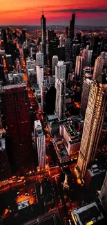 A breathtaking cityscape at sunset with illuminated skyscrapers.