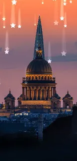 A stunning sunset cityscape featuring an illuminated dome under a vibrant orange sky.