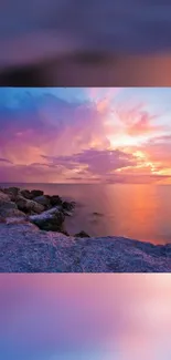 Stunning sunset over a rocky coast with vibrant purple and orange hues.