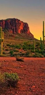 Vivid sunset over desert landscape with orange and red hues, cacti in foreground.