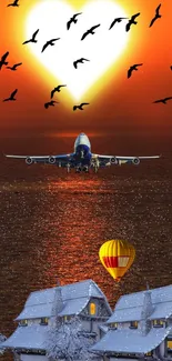 Airplane takes off at sunset with birds and heart-shaped sun in background.