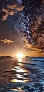 Breathtaking sunset over ocean with starry night sky and galactic clouds.