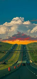 Highway leading to sunset with dramatic clouds and vibrant colors.