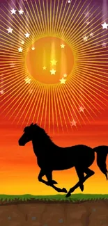 Silhouette of horse against fiery orange sunset background.