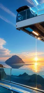 Futuristic train with stunning sunset over mountains and water.