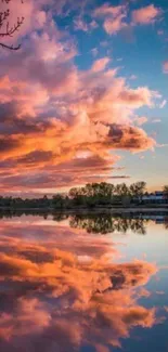 Stunning sunset reflecting on a calm lake with vibrant pink and orange hues.