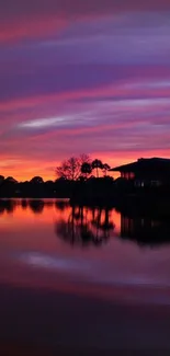 Beautiful purple sunset over a tranquil lake with reflection.