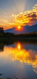 Beautiful sunset over a lake with vibrant reflections and serene nature.