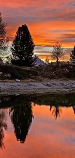 Peaceful sunset landscape with trees and lake reflection.