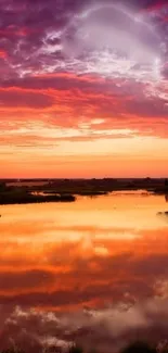 Beautiful sunset reflection landscape with orange and purple hues.