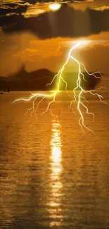 Golden sunset with lightning over a calm body of water.