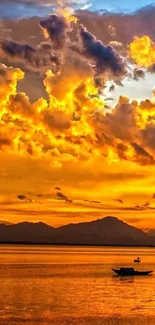 Vibrant sunset over tranquil water with dramatic sky.