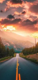 Scenic road with sunset and mountain backdrop in vibrant colors.