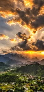 Sunset over mountains with dramatic clouds and vibrant colors, ideal for mobile.