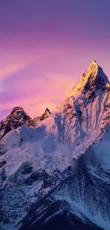 Snow-capped mountain under pink-purple sunset glow.