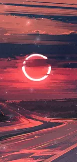 Futuristic neon red sunset over a winding road.