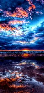 Dramatic sunset sky over the ocean with stunning reflections.