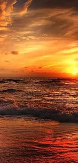 A stunning sunset over ocean waves with vibrant orange hues filling the sky.