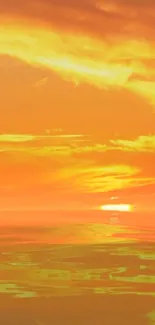 Vibrant sunset over calm ocean waters with orange and golden hues.