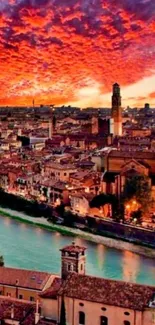 Fiery sunset over cityscape with river and historical buildings.