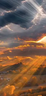 Dramatic sunset over rolling hills with vibrant rays.
