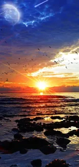 Beautiful sunset with vibrant colors over a tranquil ocean, birds in the sky above.