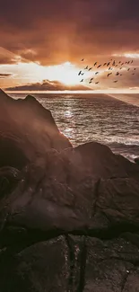 Sunset over ocean rocks with birds flying.