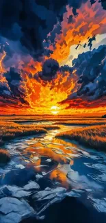Vibrant sunset over a calm river landscape with colorful sky reflection.