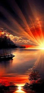 Breathtaking sunset over a tranquil lake with golden sunlight reflecting.