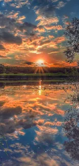 Beautiful sunset reflecting on a calm lake, surrounded by vibrant nature.