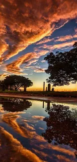 Vivid sunset with orange clouds and reflection on tranquil water.