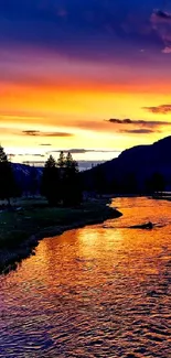 Vibrant sunset river scene with colorful sky and serene landscape.