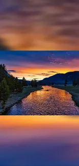 Tranquil river under a vivid sunset sky, perfect mobile wallpaper for nature lovers.