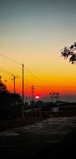 Orange sunset over a rural road with silhouetted trees.