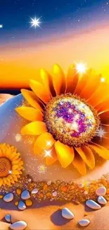 Vibrant sunflower with sunset in an abstract desert scene.