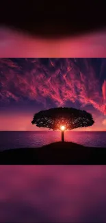 Stunning sunset over ocean with tree silhouette and purple sky.