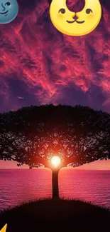 Tree silhouette at sunset with celestial emojis and a vibrant sky.