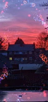 A vivid red sunset casts a glow over silhouetted urban houses.