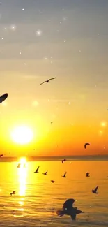 Radiant sunset with birds over calm sea.