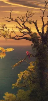 Golden sunset with vibrant parrots over an ocean landscape.