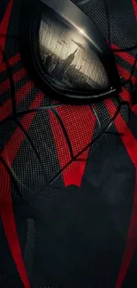 Detailed view of spider hero mask art in dark tones with red accents.