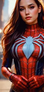 A striking superhero portrait wallpaper featuring a woman in a red costume.