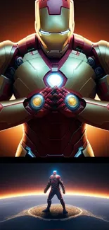 Mobile wallpaper of a superhero in red armor with glowing highlights.