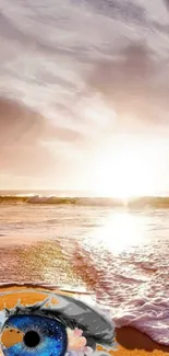 Surreal beach sunset with cosmic eye art, featuring waves and vibrant sky.