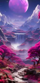 Surreal pink landscape with moon and waterfall.