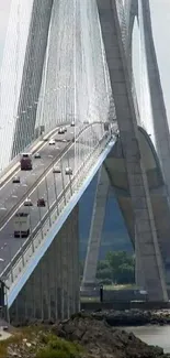 View of a majestic cable-stayed bridge over a serene river.