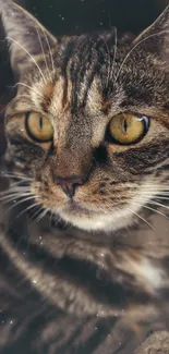 Close-up of a tabby cat with striking eyes as a mobile wallpaper.