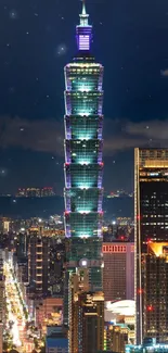 Night view of Taipei 101 tower with cityscape.