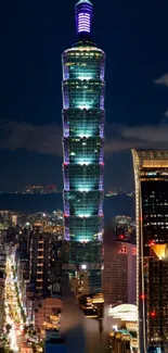 Taipei city skyline with illuminated skyscraper at night