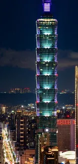 Taipei 101 illuminated at night with city lights and skyline.